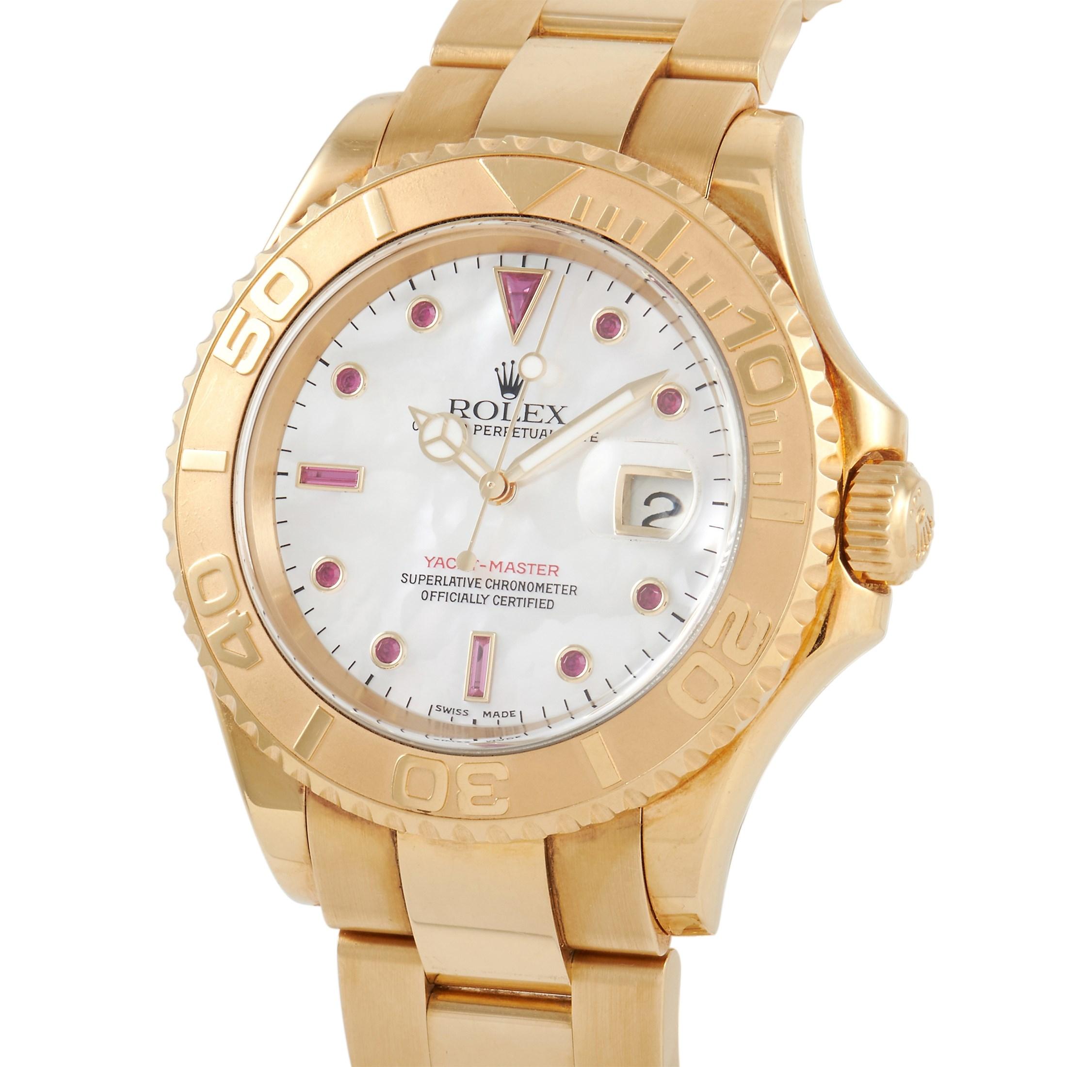 The Rolex Yacht-Master Chronometer Watch, reference number 16628, is an impeccably crafted luxury piece. Elegantly accented by shimmering gemstones, this timepiece’s dial is unlike anything you have ever experienced. 

This watch’s 40mm case is made