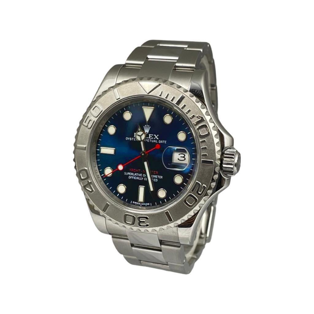 Brand: Rolex 

Model Name: Yacht Master

Model Number: 116622

Movement: Automatic

Case Size: 40 mm

Case Back: Closed 

Case Material:  Stainless Steel

Bezel: Platinum

Dial: Metallic Blue

Bracelet: Stainless Steel with Fliplock

Hour Markers: