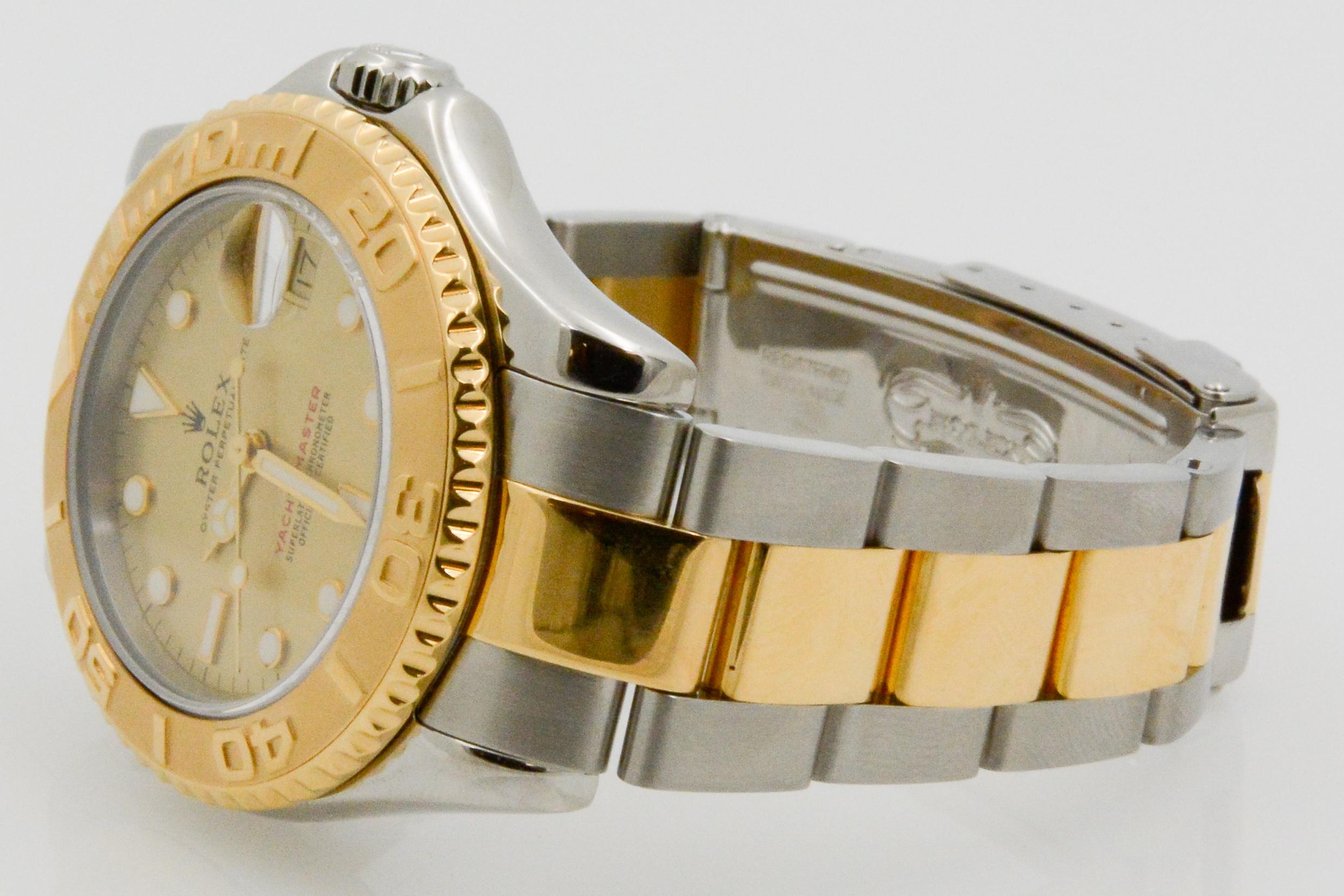 This ladies Rolex Yacht-Master steel and 18k yellow gold watch has a champagne and sapphire crystal index with auto movement. The watch is paired with an oyster bracelet. 