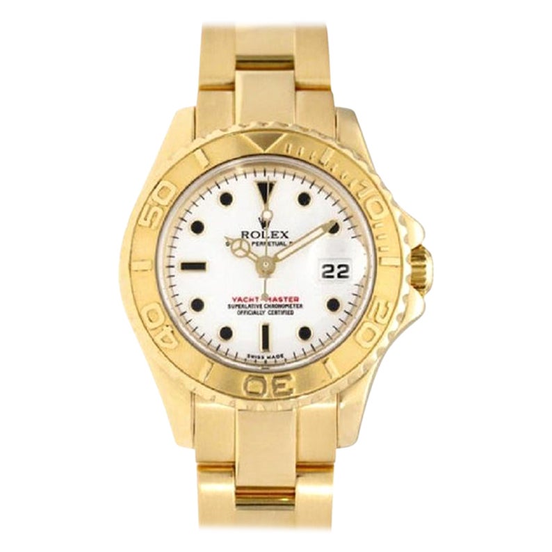 Vintage Rolex Yacht-Master White Dial 18K Yellow Gold Watch For Sale