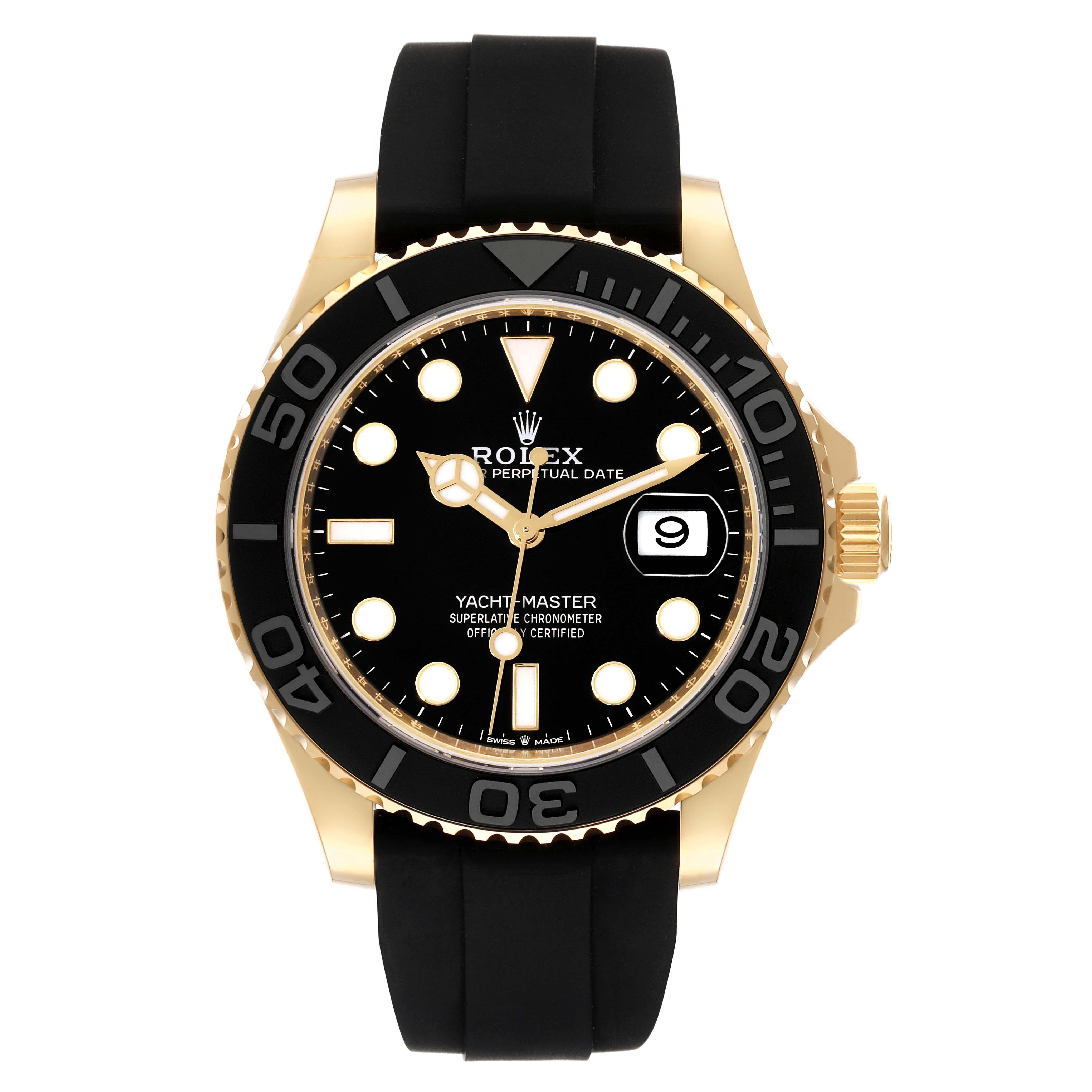 Rolex Yacht-Master Yellow Gold Oysterflex Bracelet Mens Watch 226658 Unworn. Officially certified chronometer automatic self-winding movement. 18K yellow gold case 42.0 mm in diameter. Screwed-down case back and crown, Triplock winding crown