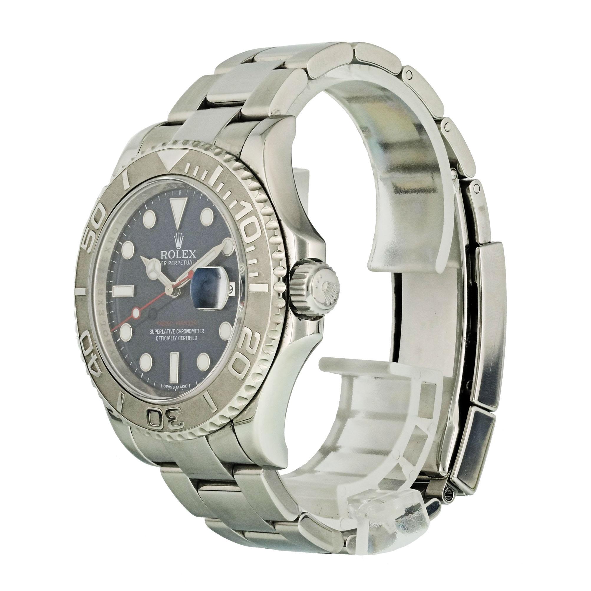 Rolex Yachtmaster 116622 Men Watch. 
40mm Stainless Steel case. 
Platinum Bidirectional bezel. 
Blue dial with Luminous Steel hands and index, dot hour markers.. 
Minute markers on the outer dial. 
Date display at the 3 o'clock position. 
Stainless