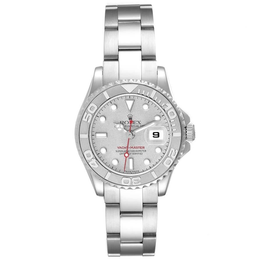 Rolex Yachtmaster 29 Steel Platinum Dial Bezel Ladies Watch 169622 Box Papers. Officially certified chronometer automatic self-winding movement. Stainless steel case 29 mm in diameter. Rolex logo on the crown. Platinum special time-lapse