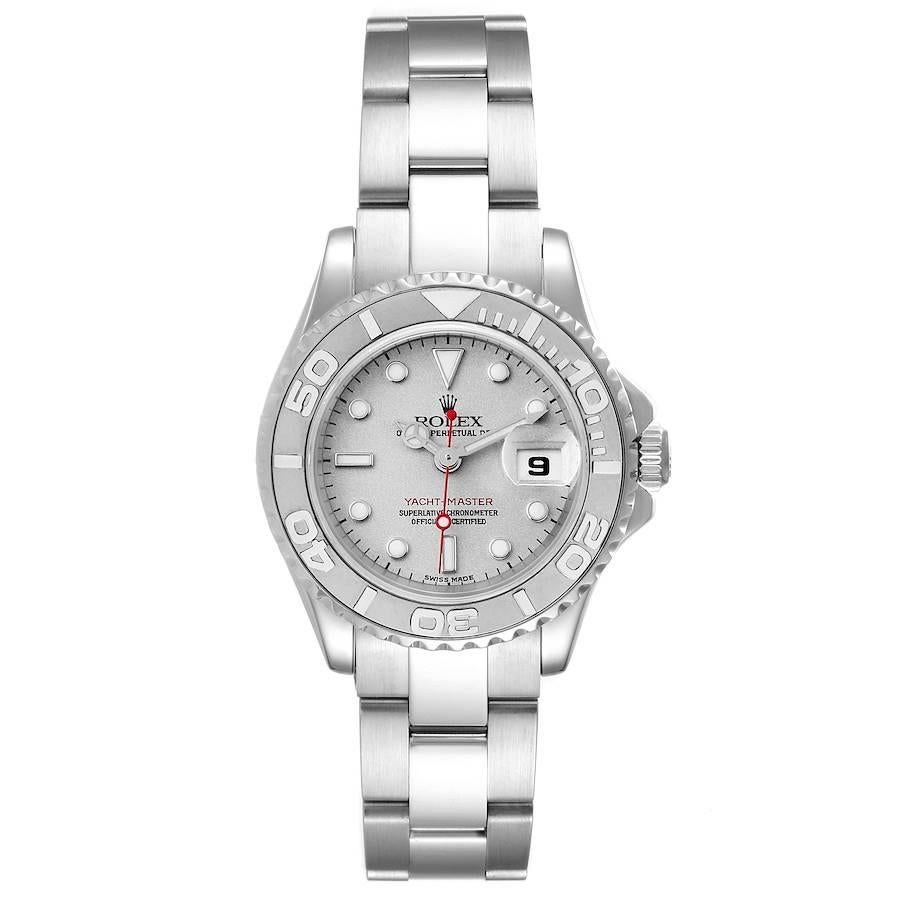 Rolex Yachtmaster 29 Steel Platinum Dial Bezel Ladies Watch 169622. Officially certified chronometer self-winding movement. Stainless steel case 29 mm in diameter. Rolex logo on a crown. Platinum special time-lapse unidirectional rotating bezel.