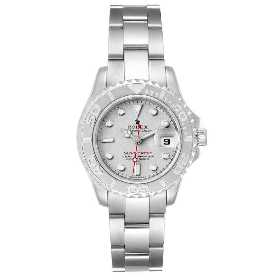 Rolex Yachtmaster 29 Steel Platinum Ladies Watch 169622. Officially certified chronometer self-winding movement. Stainless steel case 29 mm in diameter. Rolex logo on a crown. Platinum special time-lapse unidirectional rotating bezel. Scratch