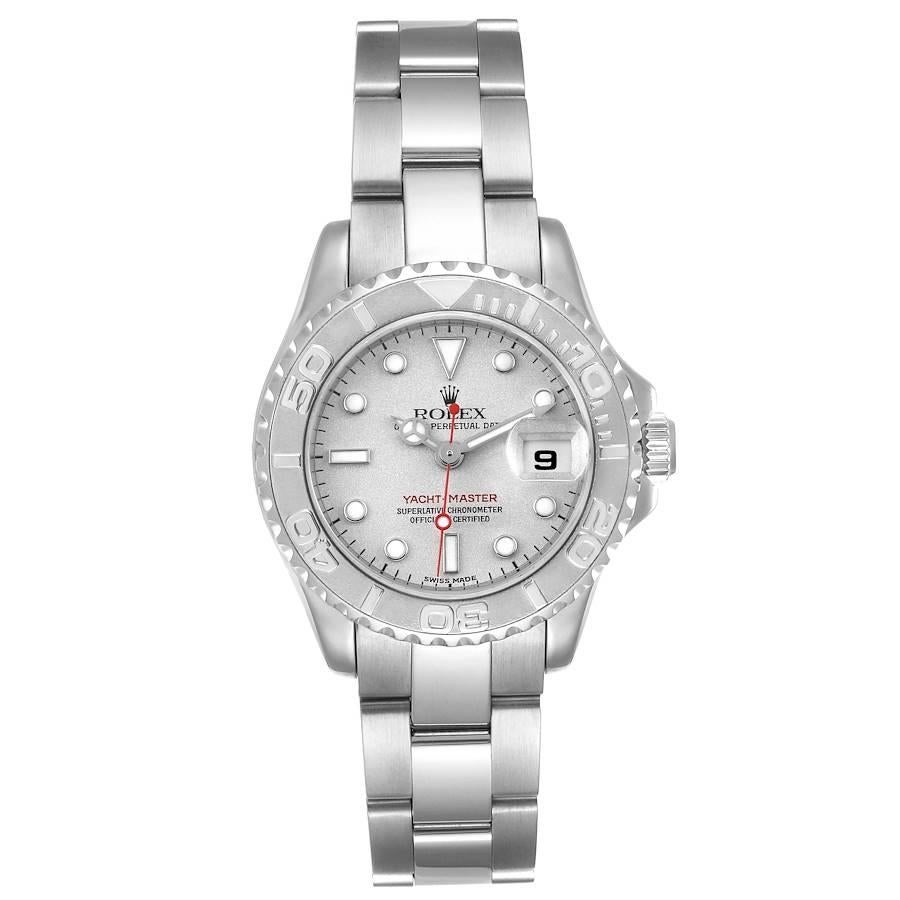 Rolex Yachtmaster 29 Steel Platinum Ladies Watch 169622. Officially certified chronometer self-winding movement. Stainless steel case 29 mm in diameter. Rolex logo on a crown. Platinum special time-lapse unidirectional rotating bezel. Scratch