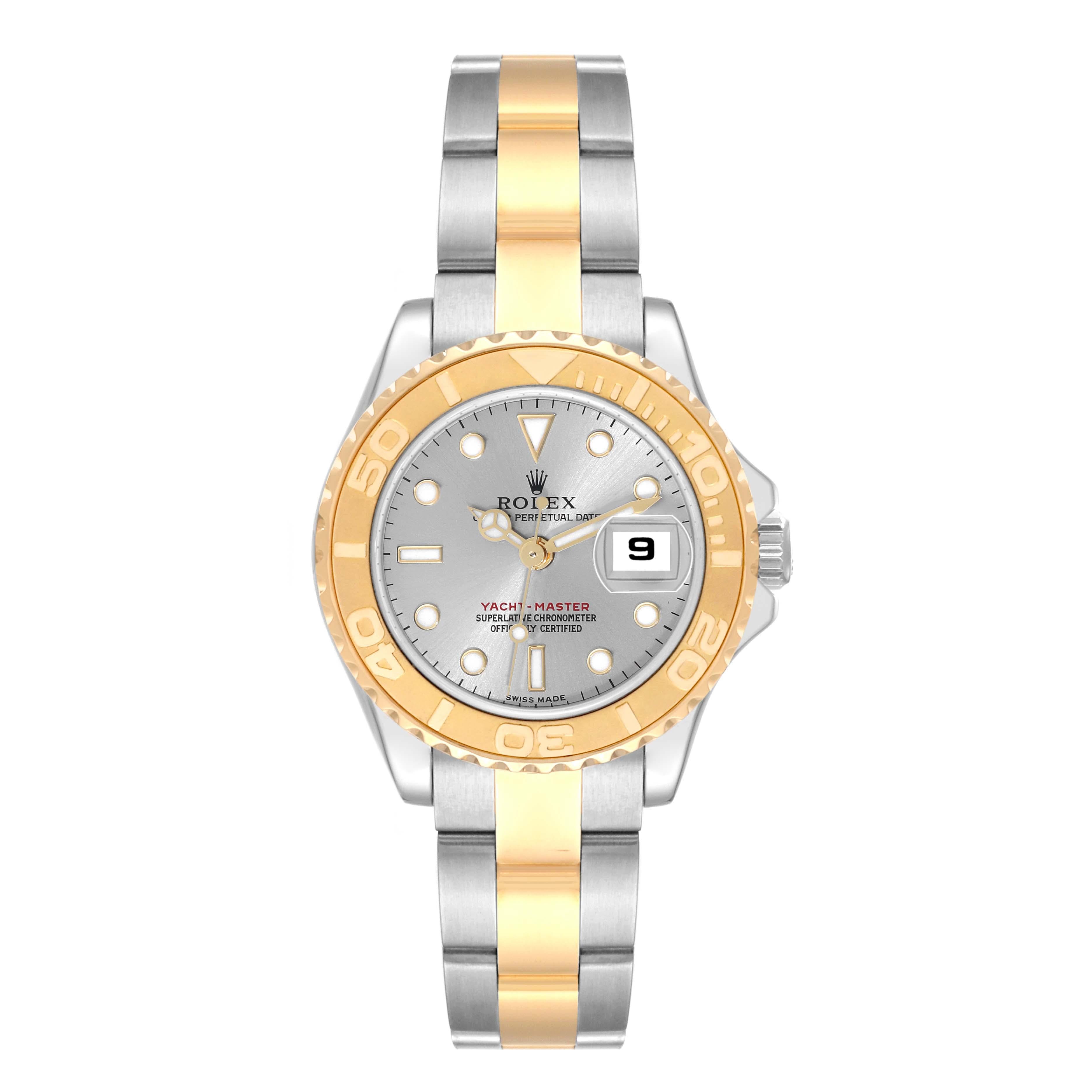 Rolex Yachtmaster 29 Steel Yellow Gold Ladies Watch 169623 Box Papers. Officially certified chronometer automatic self-winding movement. Stainless steel and 18K yellow gold case 29 mm in diameter. Rolex logo on a crown. 18K yellow gold special