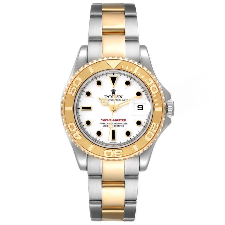 Rolex Yachtmaster 29 White Dial Steel Yellow Gold Ladies Watch 169623. Officially certified chronometer automatic self-winding movement. Stainless steel and 18K yellow gold case 29 mm in diameter. Rolex logo on the crown. 18K yellow gold special