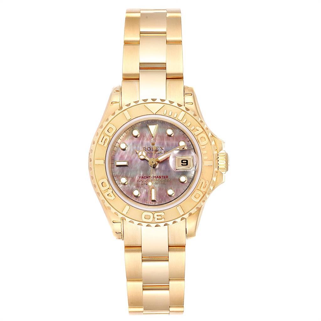 Rolex Yachtmaster 29 Yellow Gold MOP Dial Ladies Watch 169628 Unworn. Officially certified chronometer self-winding movement. 18K yellow gold case 29 mm in diameter. Rolex logo on a crown. 18K yellow gold special time-lapse unidirectional rotating
