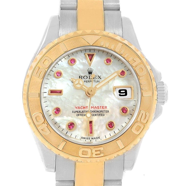 Rolex Yachtmaster 29 Yellow Gold Steel MOP Ruby Ladies 