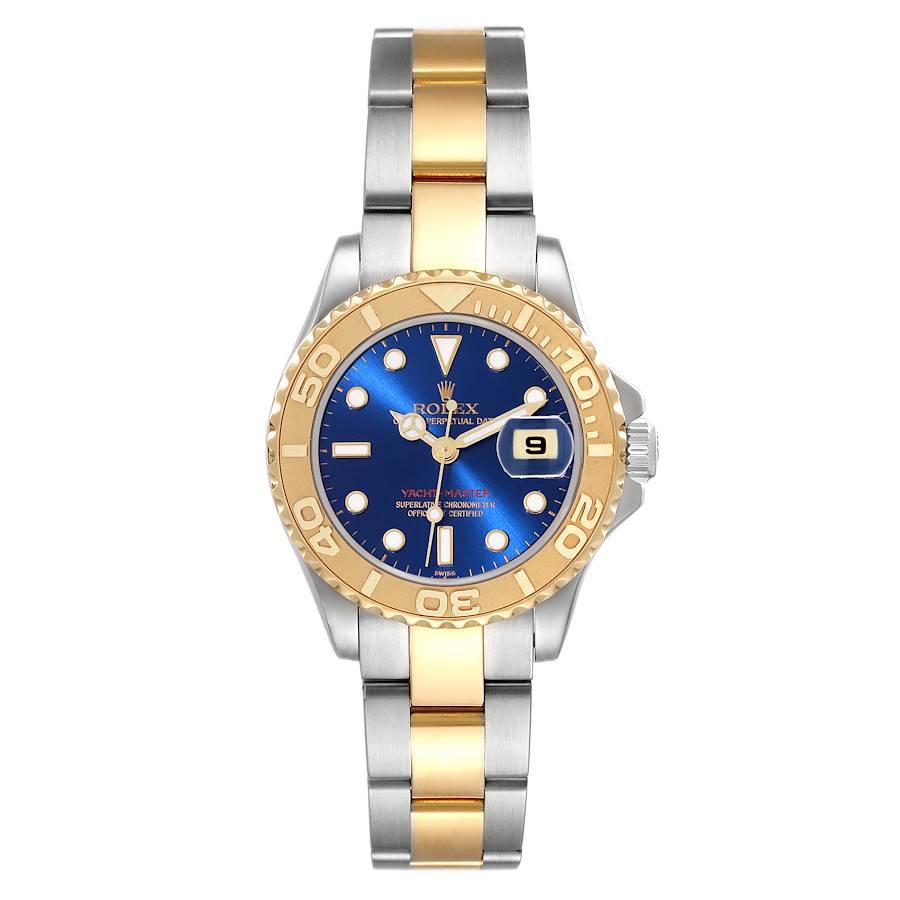Rolex Yachtmaster 29mm Steel Yellow Gold Blue Dial Ladies Watch 169623. Officially certified chronometer automatic self-winding movement. Stainless steel and 18K yellow gold case 29 mm in diameter. Rolex logo on the crown. 18K yellow gold special