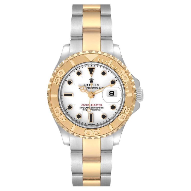 Rolex Yachtmaster Montre pour femme avec cadran blanc en acier et or jaune  69623 sur 1stDibs