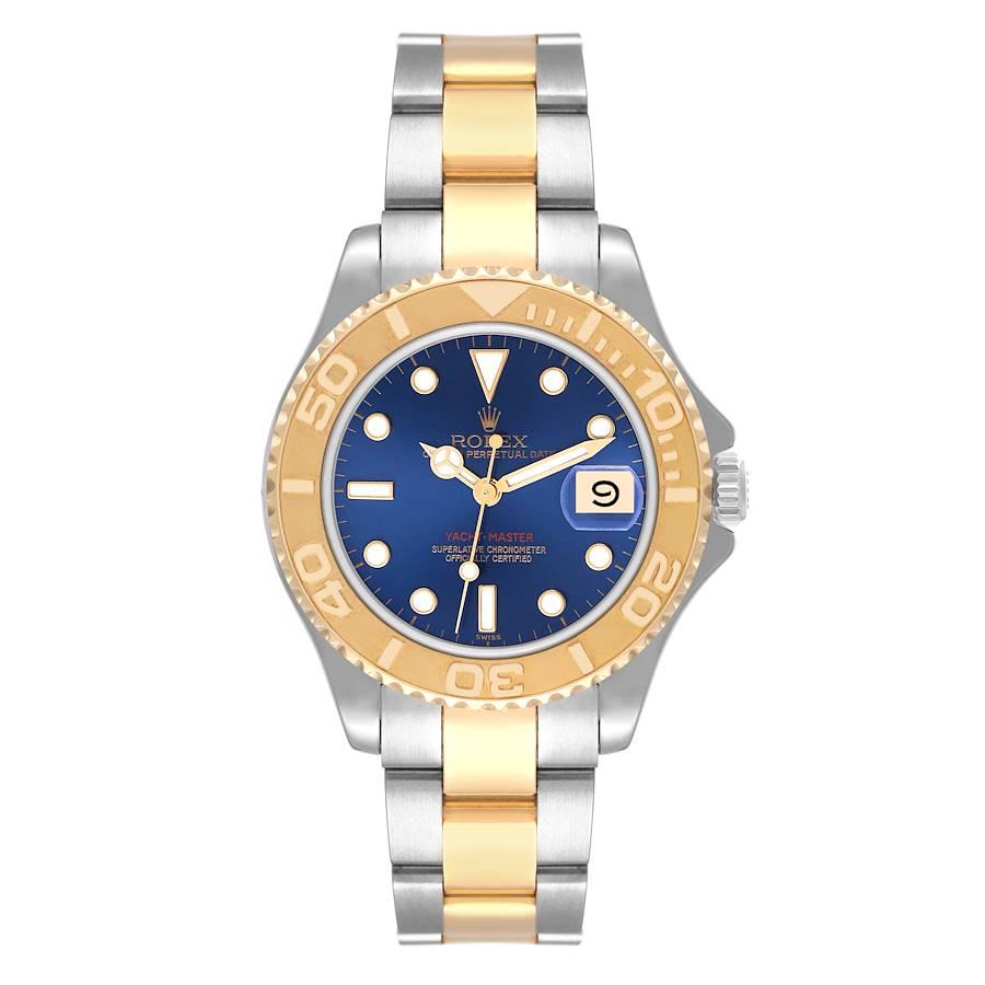Rolex Yachtmaster 35 Midsize Blue Dial Steel Yellow Gold Mens Watch 68623. Officially certified chronometer automatic self-winding movement. Stainless steel and 18K yellow gold case 35.0 mm in diameter. Rolex logo on the crown. 18K yellow gold