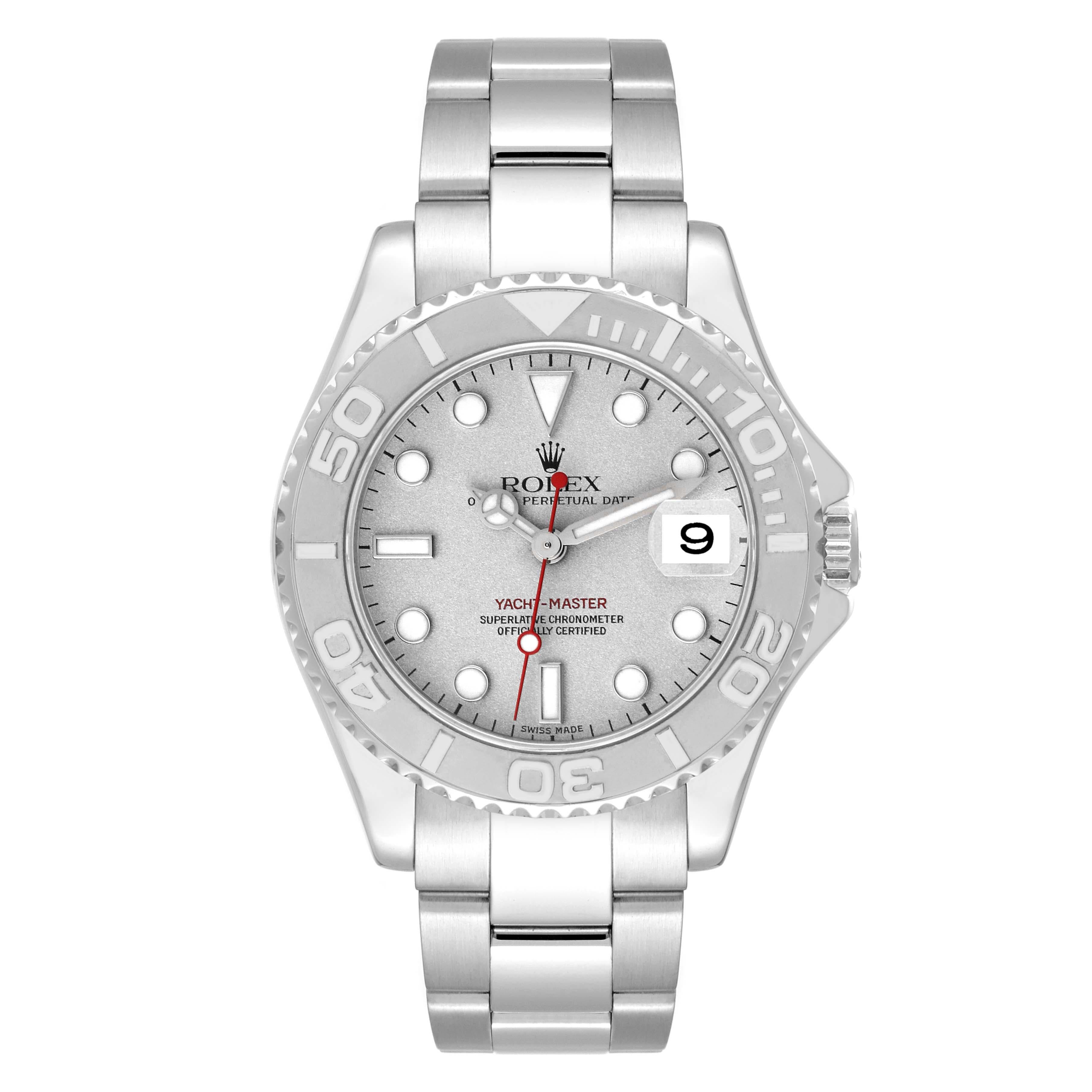 Rolex Yachtmaster 35 Midsize Steel Platinum Mens Watch 168622. Officially certified chronometer automatic self-winding movement. Stainless steel case 35.0 mm in diameter. Rolex logo on the crown. Platinum special time-lapse bidirectional rotating