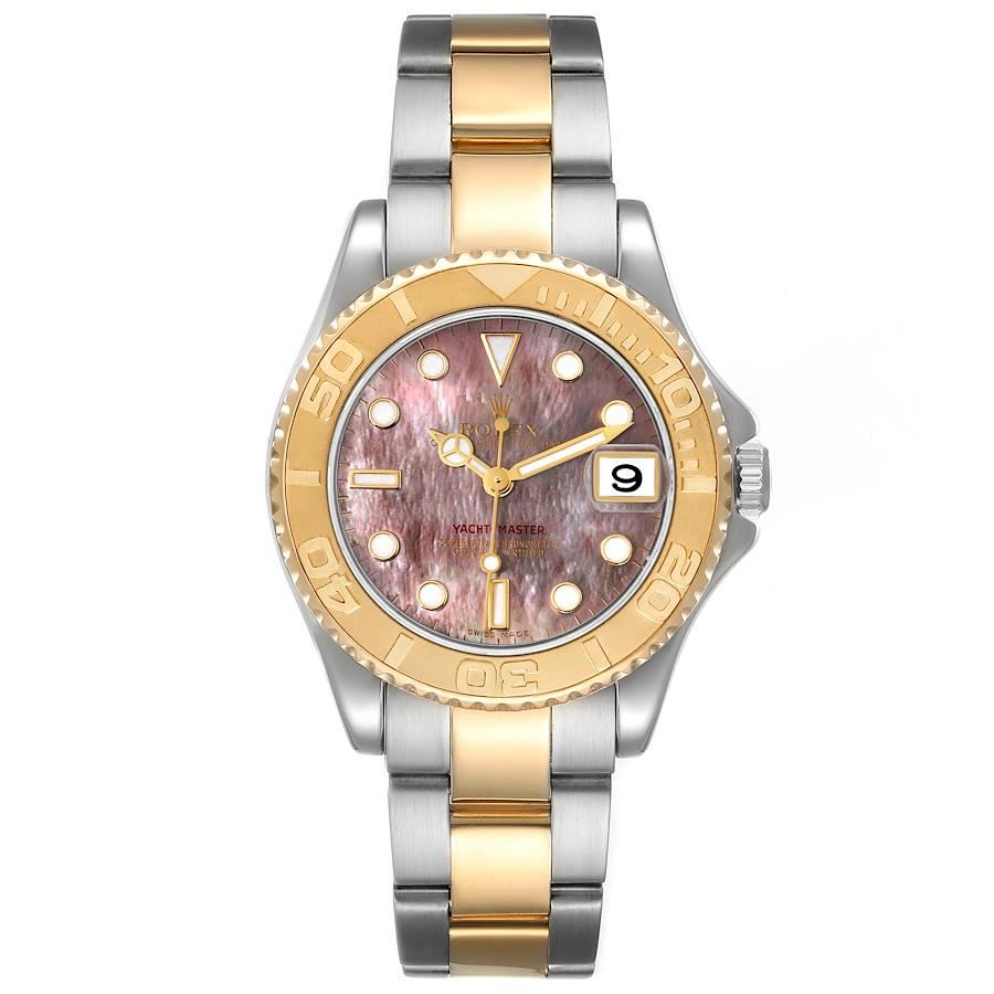 Rolex Yachtmaster 35 Midsize Steel Yellow Gold MOP Dial Watch 168623 Box Papers. Officially certified chronometer self-winding movement. Stainless steel and 18K yellow gold case 35.0 mm in diameter. Rolex logo on a crown. 18K yellow gold special