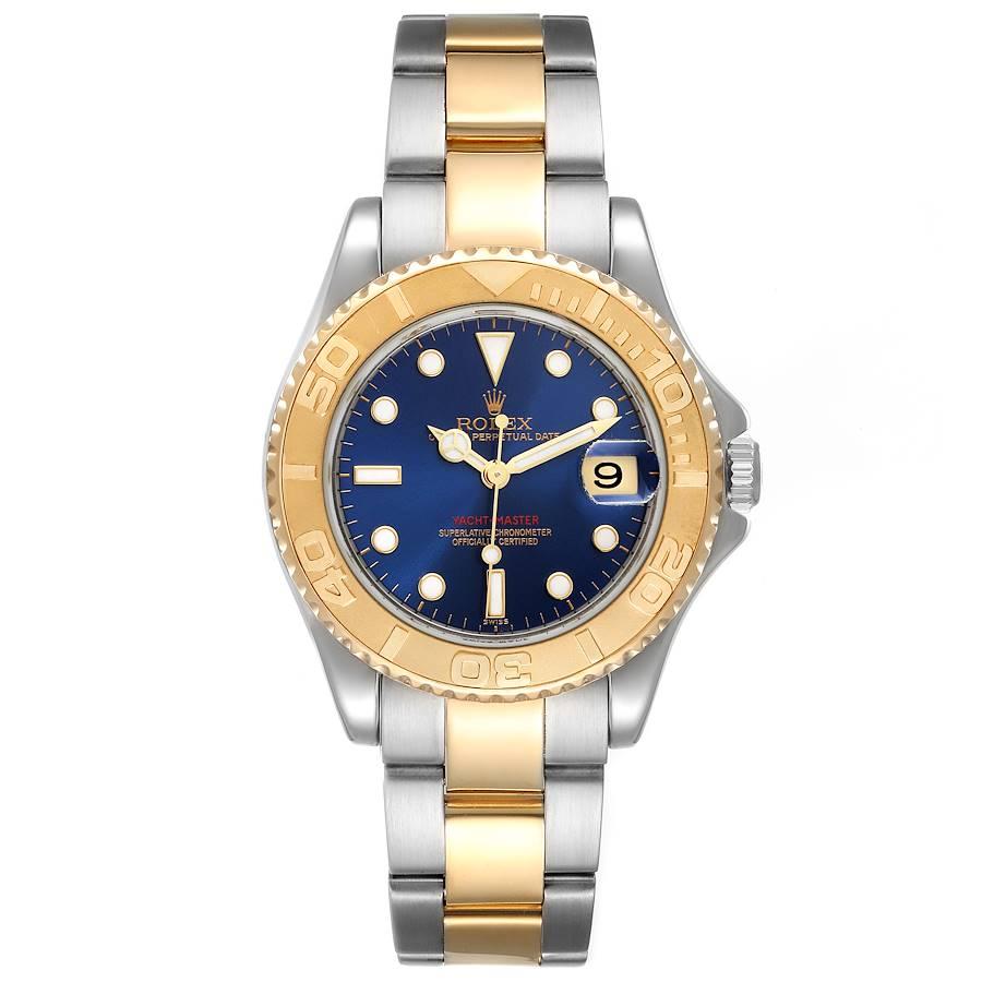 Rolex Yachtmaster 35 Midsize Steel Yellow Gold Unisex Watch 168623. Officially certified chronometer self-winding movement. Stainless steel and 18K yellow gold case 35.0 mm in diameter. Rolex logo on a crown. 18K yellow gold special time-lapse