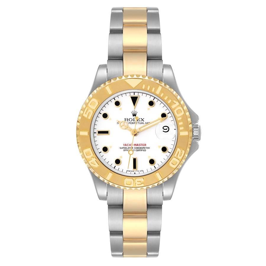 Rolex Yachtmaster 35 Midsize Steel Yellow Gold White Dial Mens Watch 68623. Officially certified chronometer automatic self-winding movement. Stainless steel and 18K yellow gold case 35.0 mm in diameter. Rolex logo on the crown. 18K yellow gold