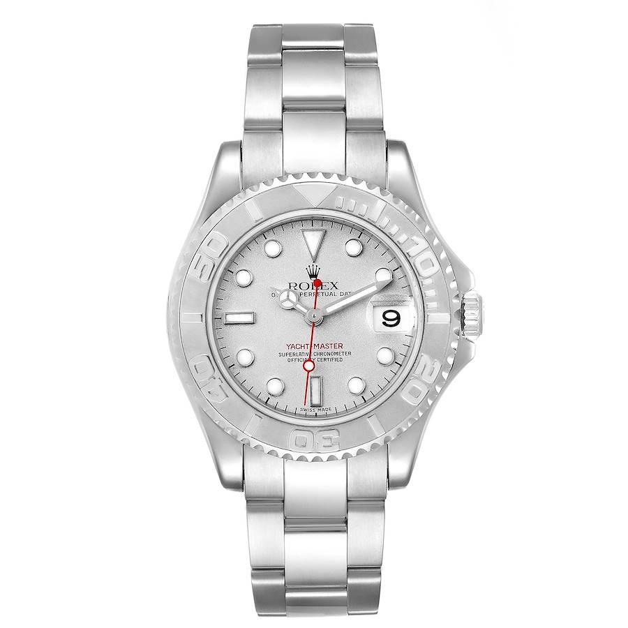 Rolex Yachtmaster 35mm Midsize Steel Platinum Mens Watch 168622 Box. Officially certified chronometer self-winding movement. Stainless steel case 35.0 mm in diameter. Rolex logo on a crown. Platinum special time-lapse unidirectional rotating bezel.