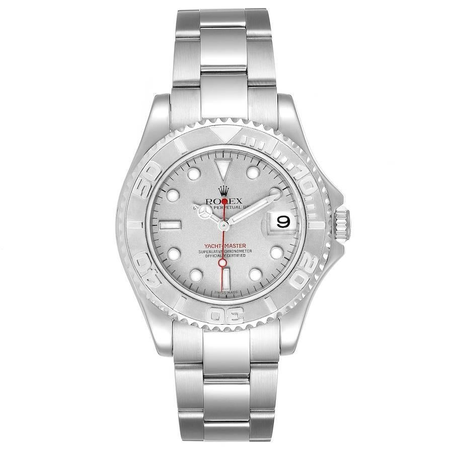 Rolex Yachtmaster 35mm Midsize Steel Platinum Mens Watch 168622 Box Papers. Officially certified chronometer self-winding movement. Stainless steel case 35.0 mm in diameter. Rolex logo on a crown. Platinum special time-lapse unidirectional rotating