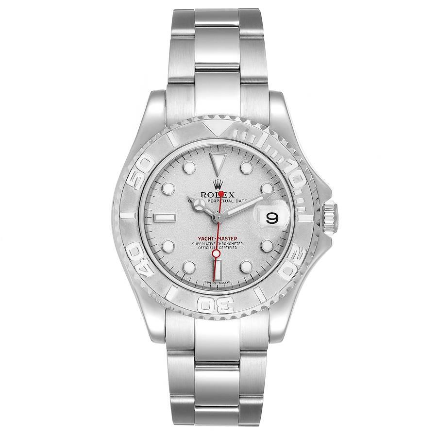 Rolex Yachtmaster 35mm Midsize Steel Platinum Mens Watch 168622 Box Papers. Officially certified chronometer self-winding movement. Stainless steel case 35.0 mm in diameter. Rolex logo on a crown. Platinum special time-lapse bidirectional rotating