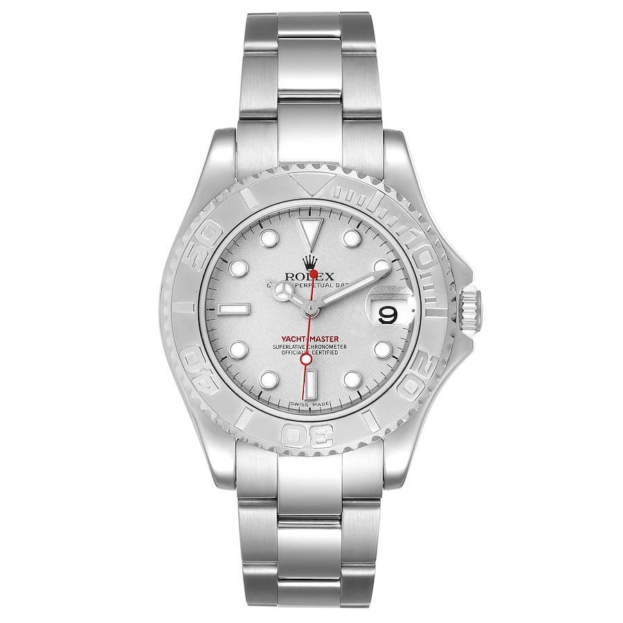 Rolex Yachtmaster 35mm Midsize Steel Platinum Mens Watch 168622. Officially certified chronometer self-winding movement. Stainless steel case 35.0 mm in diameter. Rolex logo on a crown. Platinum special time-lapse bidirectional rotating bezel.