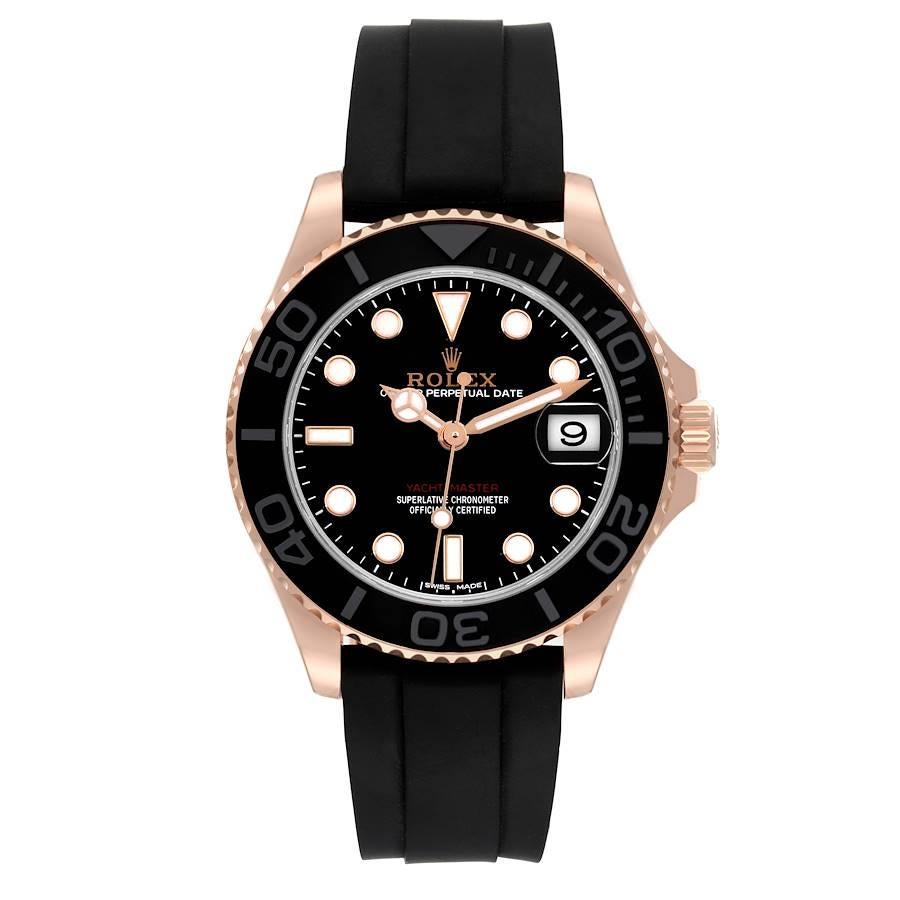 Rolex Yachtmaster 37 Everose Gold Rubber Strap Watch 268655 Box Card. Officially certified chronometer self-winding movement. 18K Everose gold case 37.0 mm in diameter. Screwed-down case back and crown, Triplock winding-crown protected by the Crown