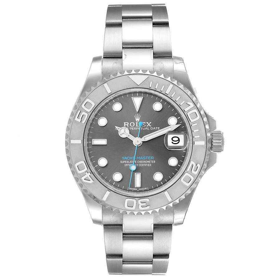 Rolex Yachtmaster 37 Midsize Steel Platinum Mens Watch 268622 Unworn. Officially certified chronometer self-winding movement. Stainless steel case 37.0 mm in diameter. Rolex logo on a crown. Platinum special time-lapse bidirectional rotating bezel.