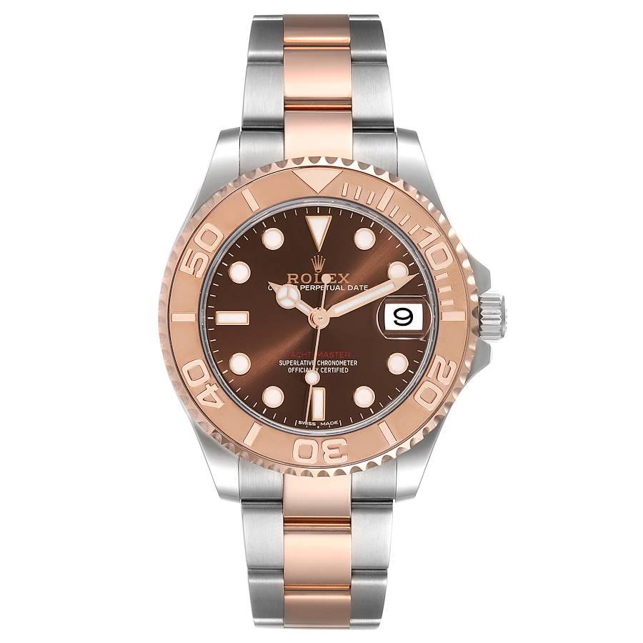Rolex Yachtmaster 37 Midsize Steel Rose Gold Mens Watch 268621 Box Card. Officially certified chronometer self-winding movement. Stainless steel case 37.0 mm in diameter. Rolex logo on a crown. 18k rose gold special time-lapse bidirectional rotating