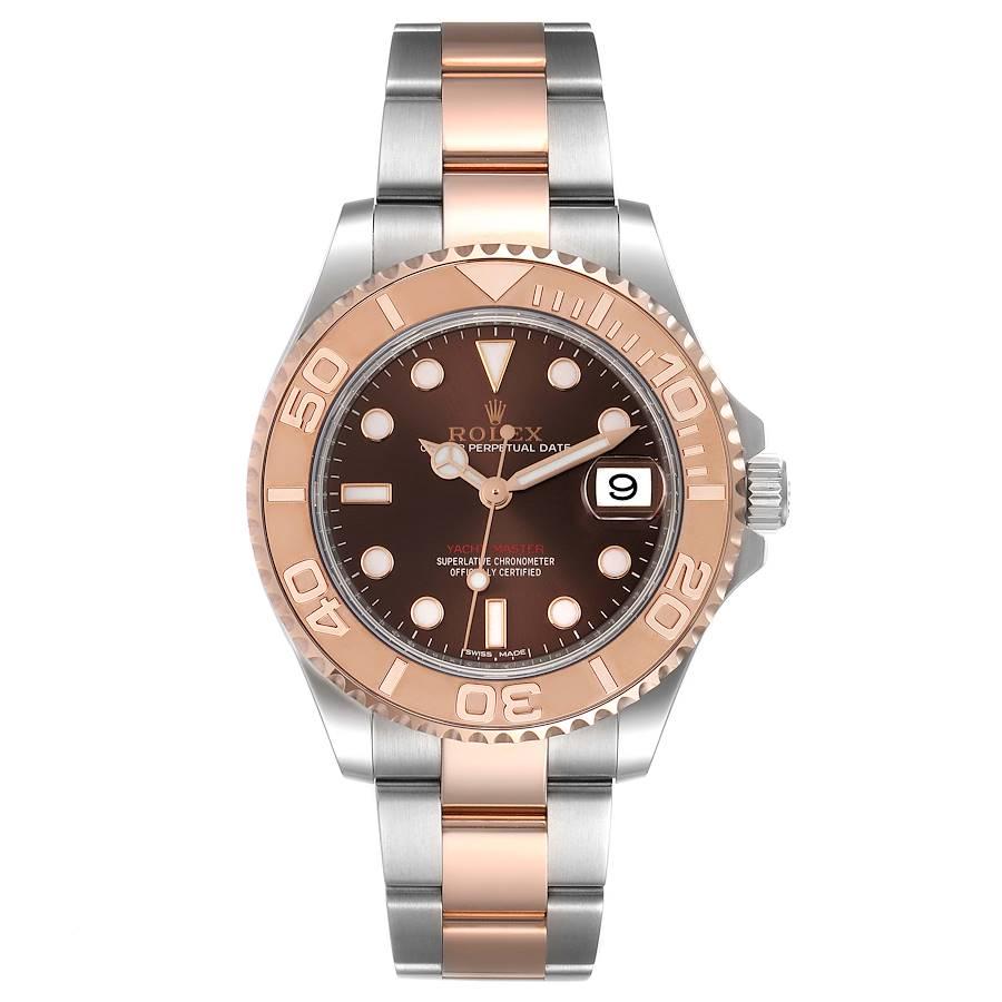 Rolex Yachtmaster 37 Midsize Steel Rose Gold Mens Watch 268621. Officially certified chronometer self-winding movement. Stainless steel case 37.0 mm in diameter. Rolex logo on a crown. Everose special time-lapse unidirectional rotating bezel.