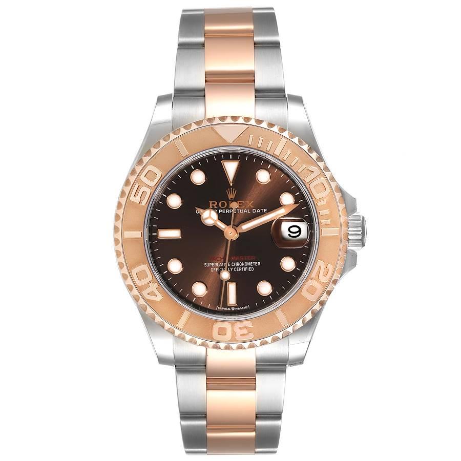 Rolex Yachtmaster 37 Midsize Steel Rose Gold Mens Watch 268621 Unworn. Officially certified chronometer self-winding movement. Stainless steel case 37.0 mm in diameter. Rolex logo on a crown. Everose special time-lapse unidirectional rotating bezel.