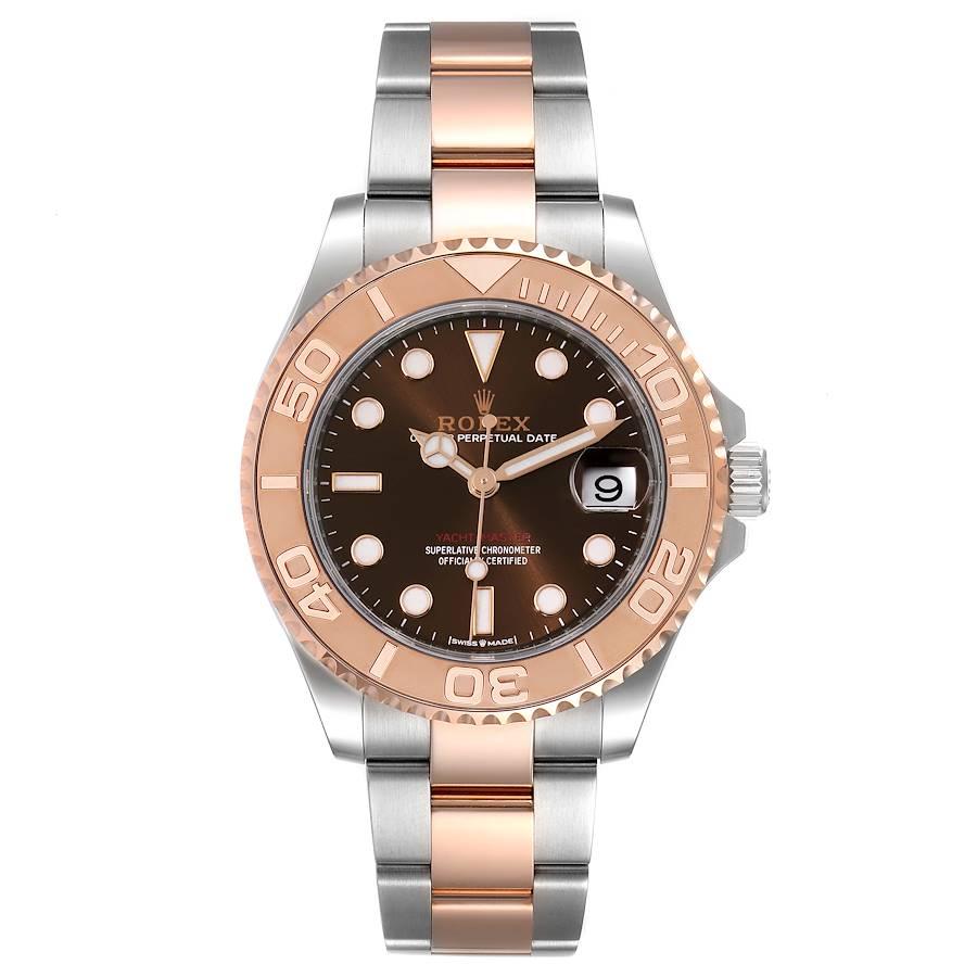 Rolex Yachtmaster 37 Midsize Steel Rose Gold Mens Watch 268621 Unworn. Officially certified chronometer self-winding movement. Stainless steel case 37.0 mm in diameter. Rolex logo on a crown. Everose special time-lapse bidirectional rotating bezel.