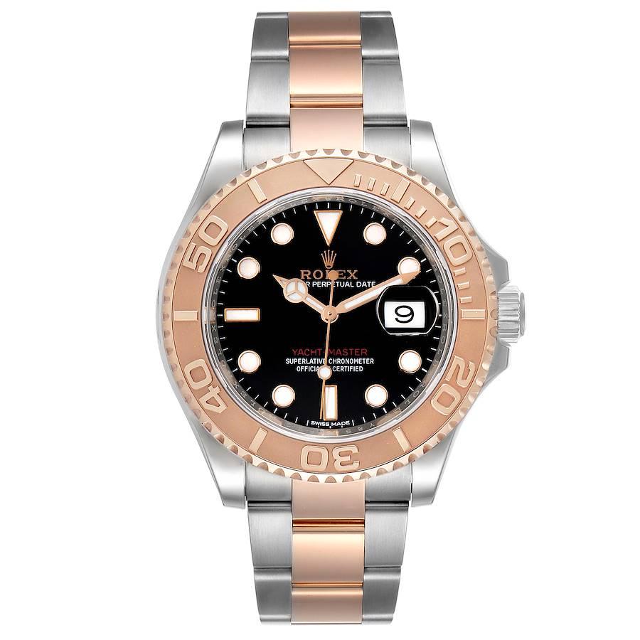 Rolex Yachtmaster 40 Everose Gold Steel Black Dial Mens Watch 116621 Unworn. Officially certified chronometer self-winding movement. Stainless steel case 40 mm in diameter. Rolex logo on a crown. 18k rose gold special time-lapse bidirectional