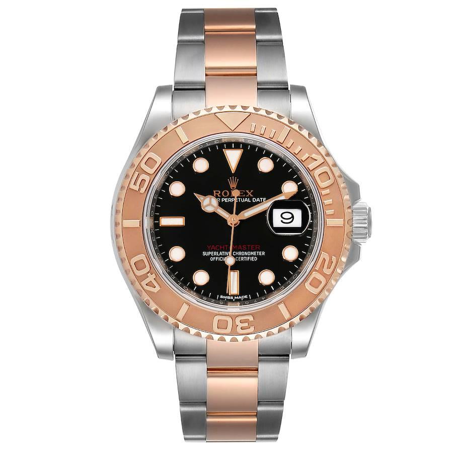 Rolex Yachtmaster 40 Everose Gold Steel Black Dial Watch 116621 Box Card. Officially certified chronometer self-winding movement. Stainless steel case 40 mm in diameter. Rolex logo on a crown. 18k rose gold special time-lapse bidirectional rotating