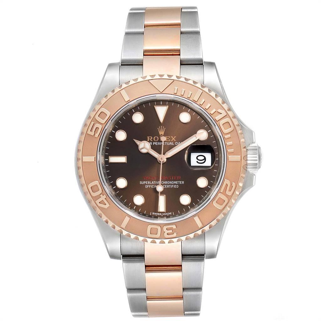 Rolex Yachtmaster 40 Everose Gold Steel Brown Dial Mens Watch 116621. Officially certified chronometer self-winding movement. Stainless steel case 40 mm in diameter. Rolex logo on a crown. 18k rose gold special time-lapse unidirectional rotating