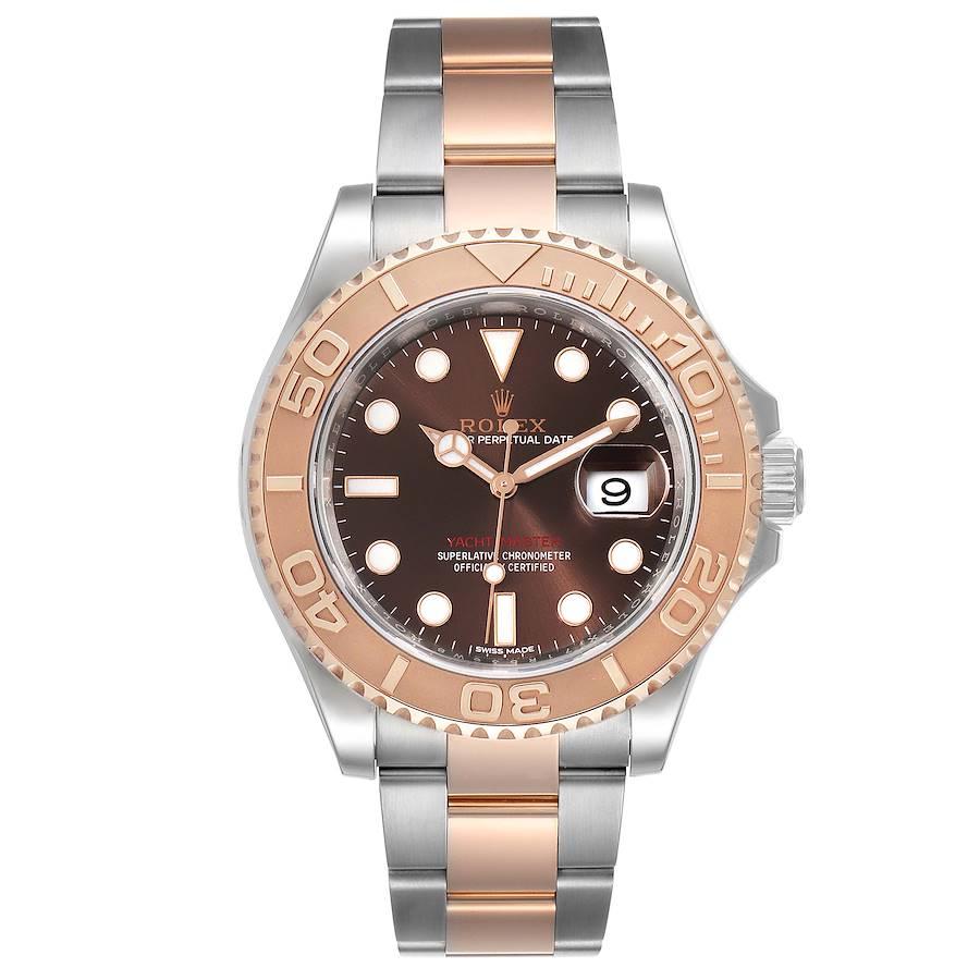 Rolex Yachtmaster 40 Everose Gold Steel Brown Dial Watch 116621 Box Card. Officially certified chronometer self-winding movement. Stainless steel case 40 mm in diameter. Rolex logo on a crown. 18k rose gold special time-lapse bidirectional rotating