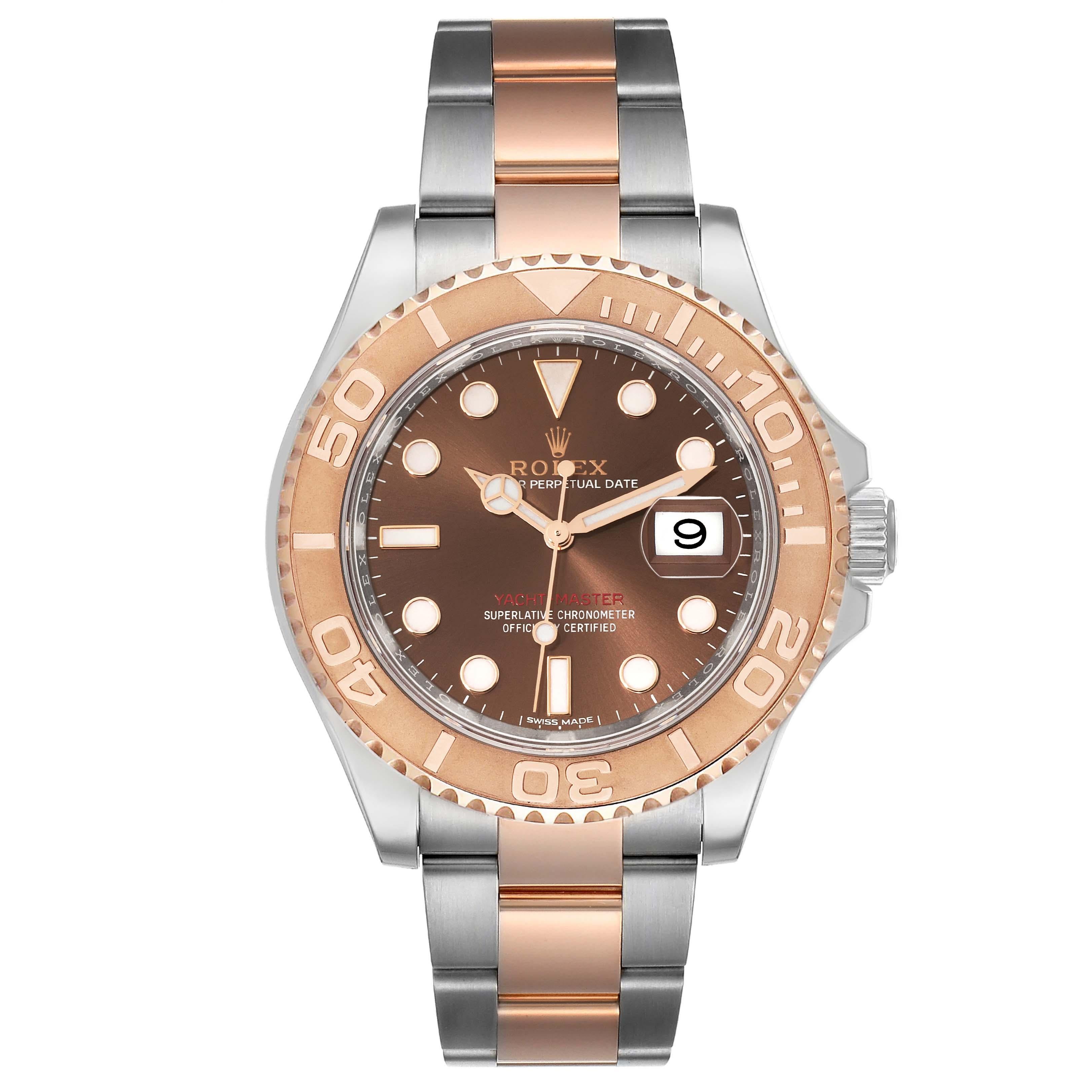 Rolex Yachtmaster 40 Rose Gold Steel Brown Dial Mens Watch 116621 Box Card. Officially certified chronometer self-winding movement. Stainless steel case 40 mm in diameter. Rolex logo on a crown. 18k rose gold special time-lapse bidirectional