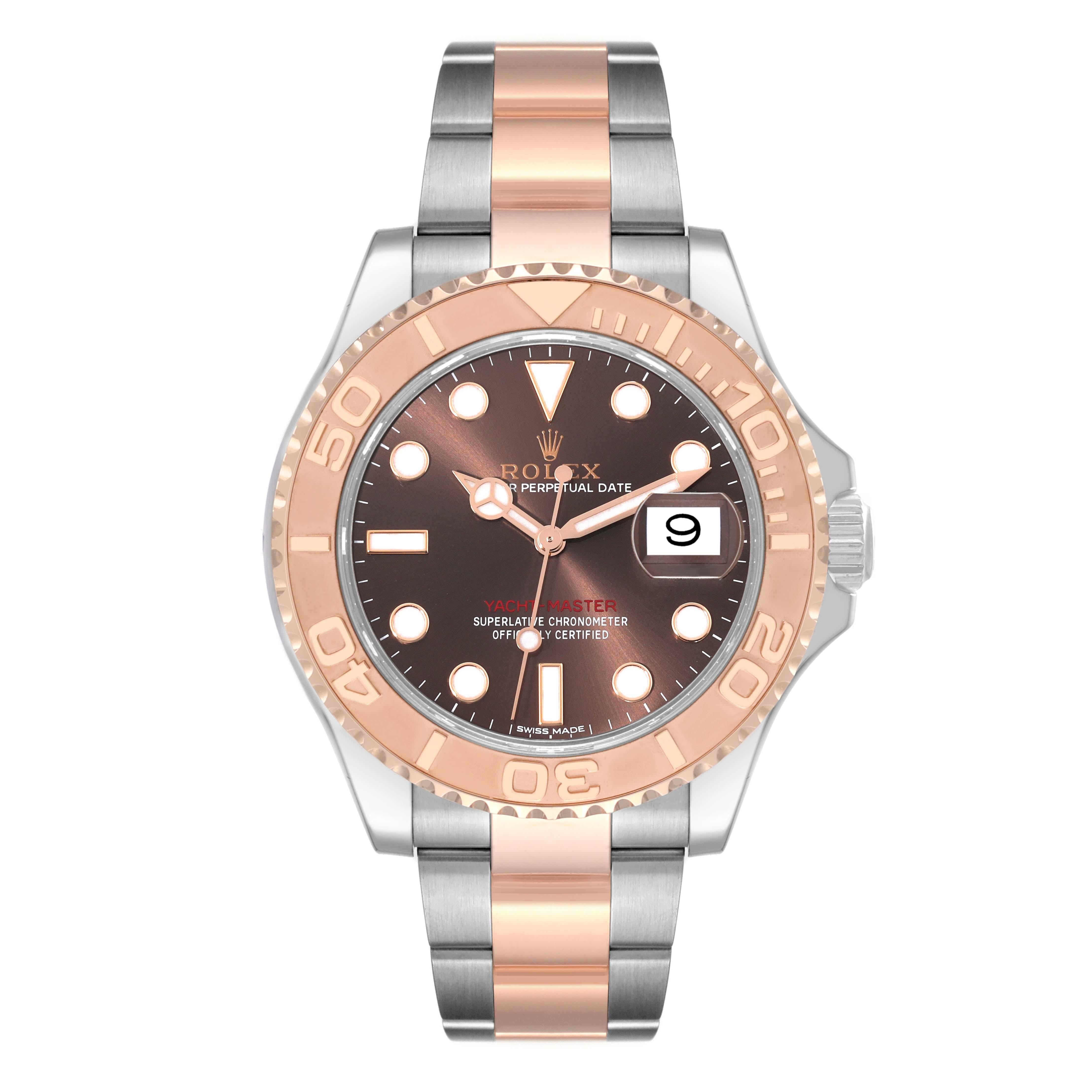 Rolex Yachtmaster 40 Rose Gold Steel Brown Dial Mens Watch 116621. Officially certified chronometer self-winding movement. Stainless steel case 40 mm in diameter. Rolex logo on a crown. 18k rose gold special time-lapse bidirectional rotating bezel.