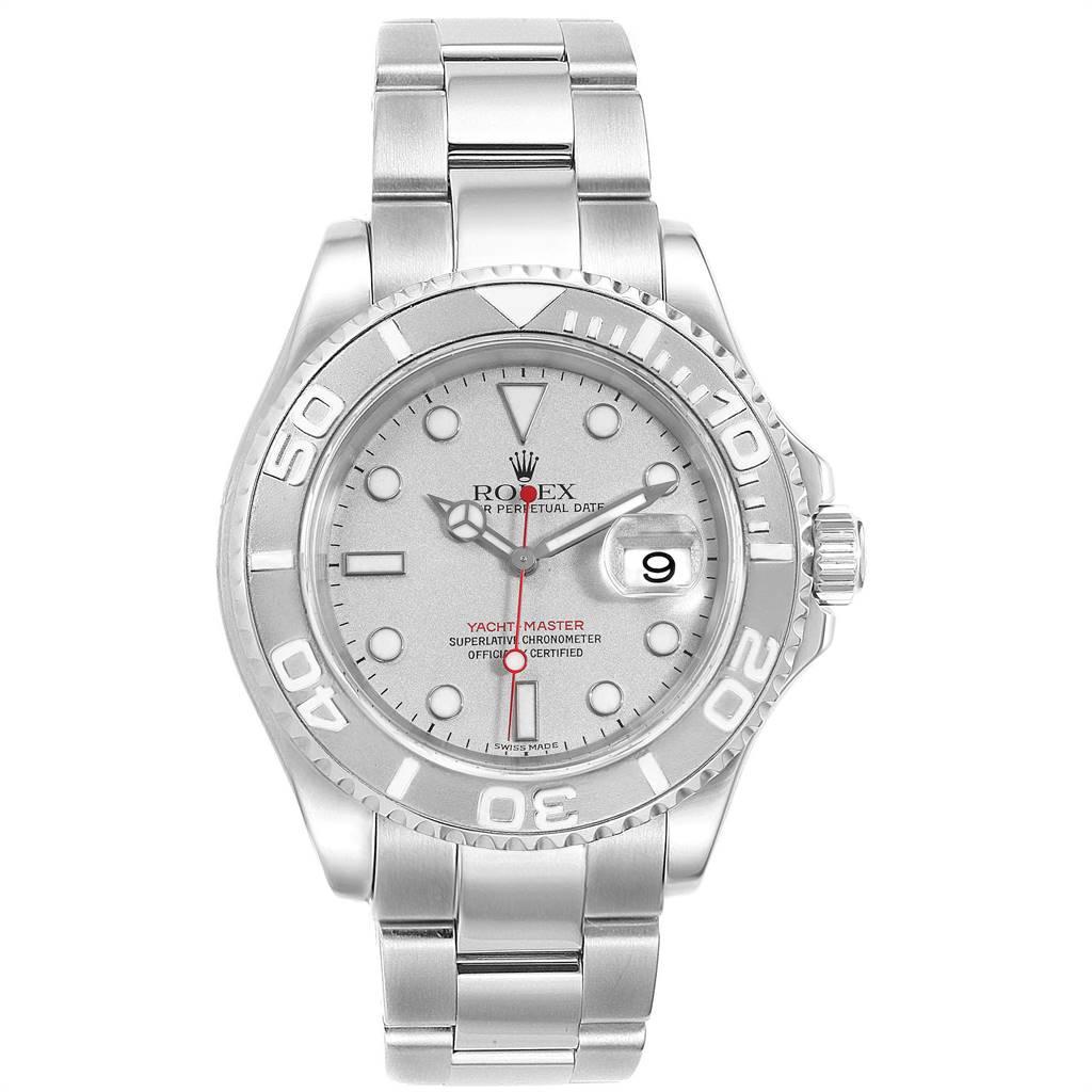 Rolex Yachtmaster 40 Steel Platinum Automatic Mens Watch 16622. Officially certified chronometer self-winding movement. Stainless steel case 40.0 mm in diameter. Rolex logo on a crown. Platinum special time-lapse unidirectional rotating bezel.