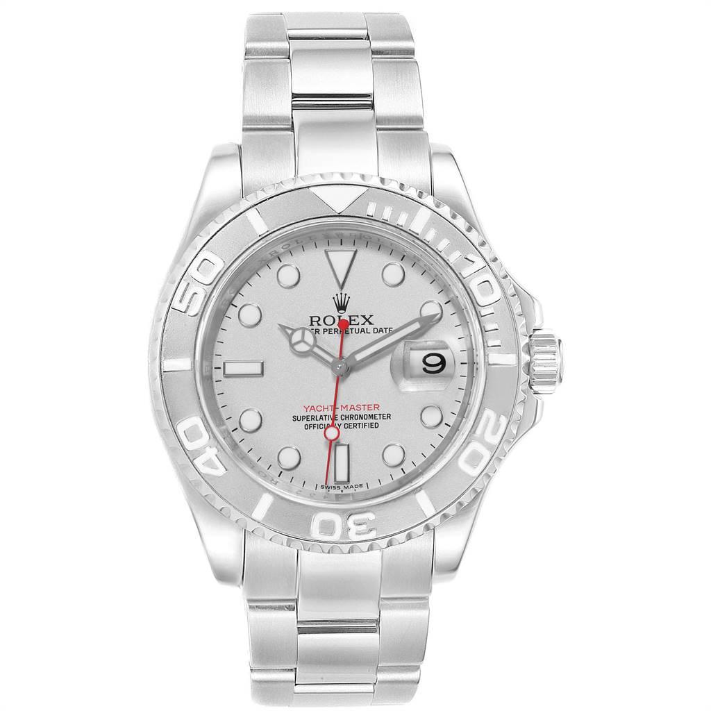 Rolex Yachtmaster 40 Steel Platinum Dial Bezel Mens Watch 16622. Officially certified chronometer self-winding movement. Stainless steel case 40.0 mm in diameter. Rolex logo on a crown. Platinum special time-lapse unidirectional rotating bezel.