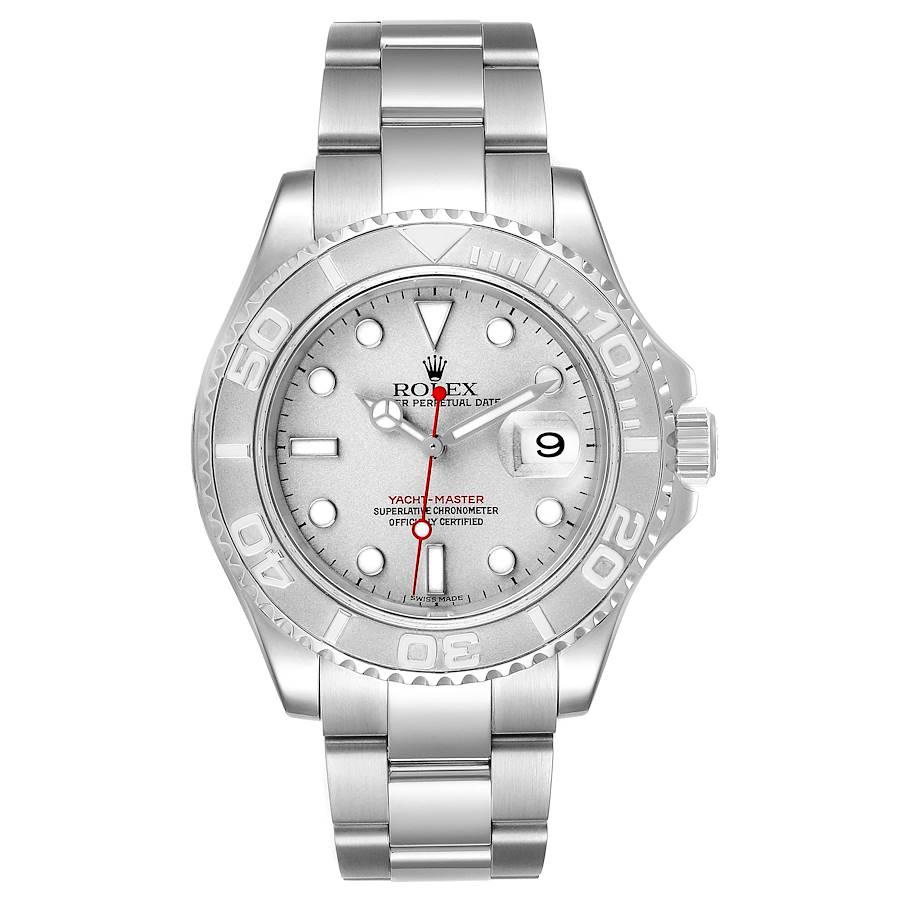 Rolex Yachtmaster 40 Steel Platinum Dial Bezel Mens Watch 16622. Officially certified chronometer self-winding movement. Stainless steel case 40.0 mm in diameter. Rolex logo on a crown. Platinum special time-lapse unidirectional rotating bezel.