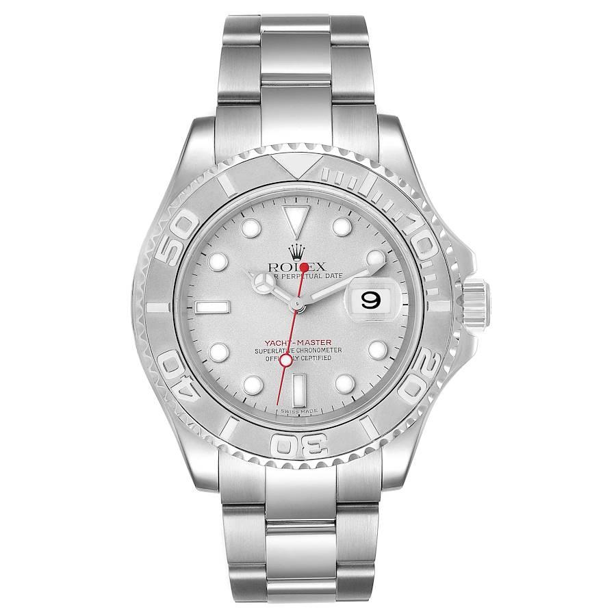 Rolex Yachtmaster 40 Steel Platinum Dial Bezel Mens Watch 16622. Officially certified chronometer self-winding movement. Stainless steel case 40.0 mm in diameter. Rolex logo on a crown. Platinum special time-lapse bidirectional rotating bezel.