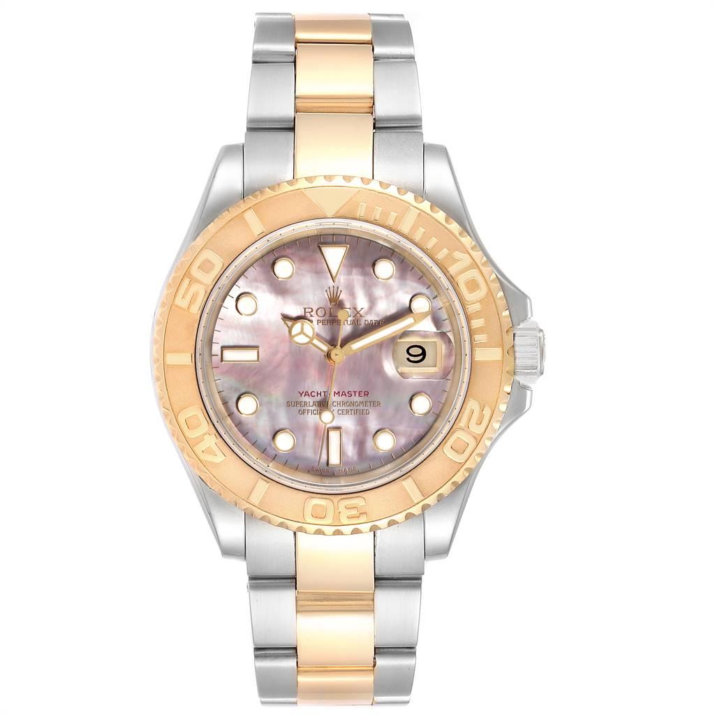 Rolex Yachtmaster 40 Steel Yellow Gold MOP Mens Watch 16623 Box Papers. Officially certified chronometer automatic self-winding movement. Stainless steel case 40 mm in diameter. Rolex logo on a crown. 18k yellow gold special time-lapse