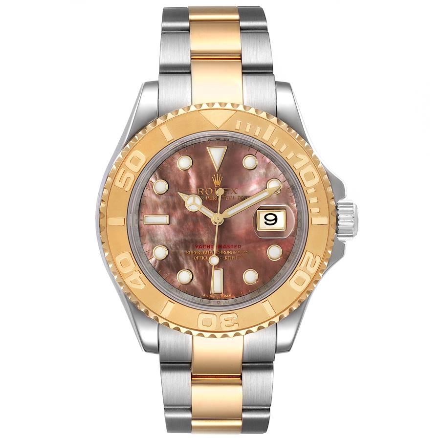 Rolex Yachtmaster 40 Steel Yellow Gold MOP Mens Watch 16623. Officially certified chronometer self-winding movement. Stainless steel case 40 mm in diameter. Rolex logo on a crown. 18k yellow gold special time-lapse unidirectional rotating bezel.