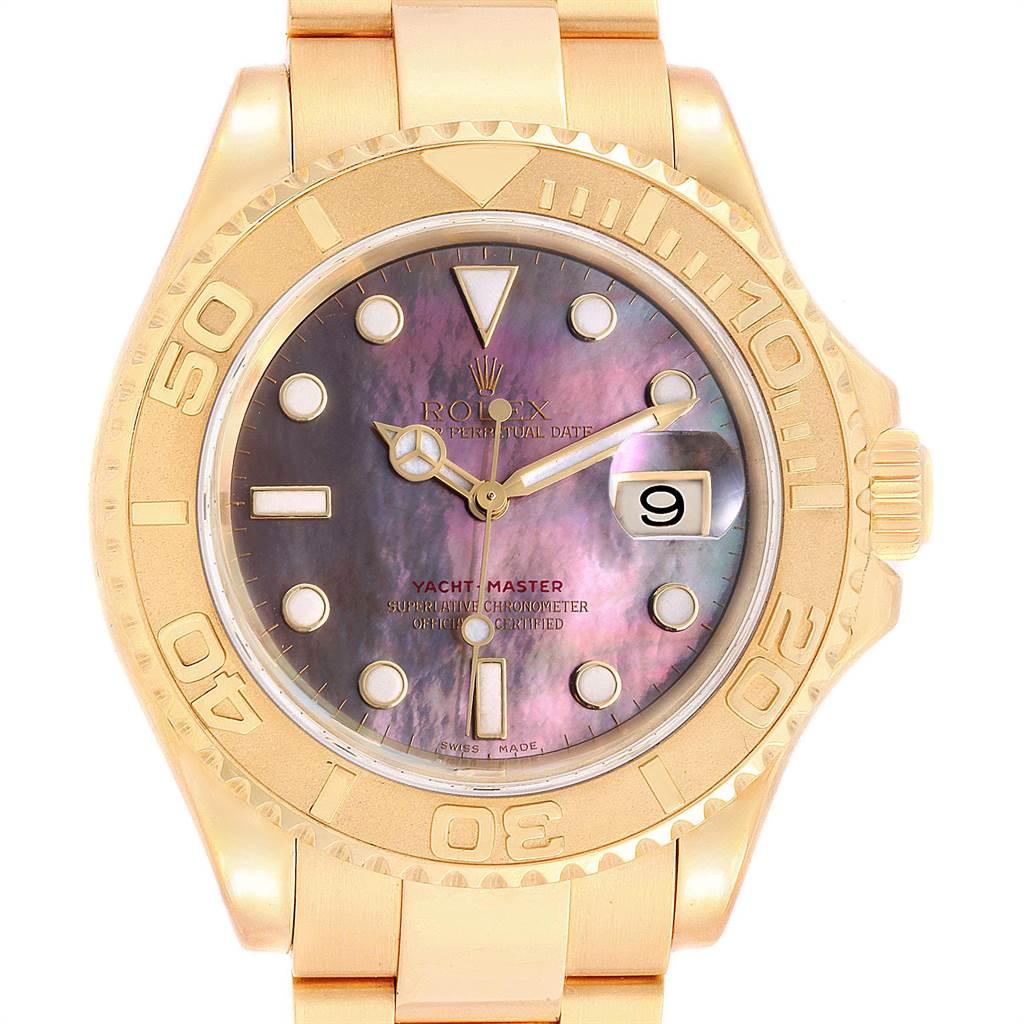 Rolex Yachtmaster 40 Yellow Gold Mother of Pearl Dial Mens Watch 16628. Officially certified chronometer self-winding movement. Rhodium-plated, oeil-de-perdrix decoration, straight-line lever escapement, freesprung monometallic balance adjusted to