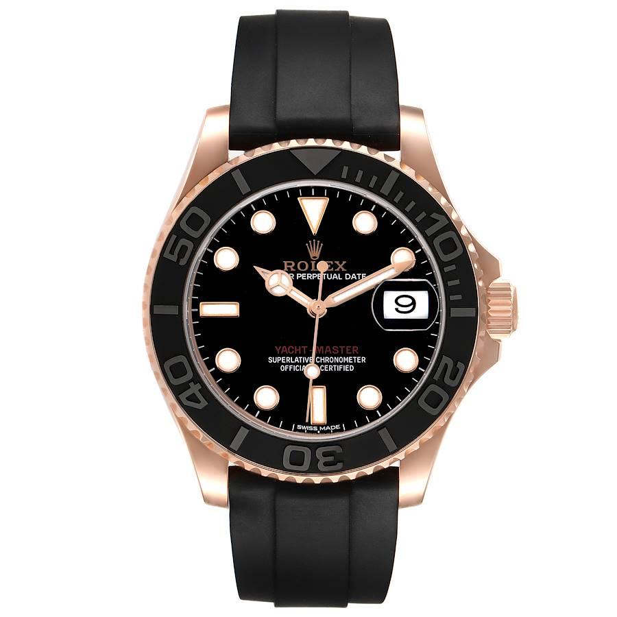 Rolex Yachtmaster 40mm Everose Gold Rubber Strap Watch 116655. Officially certified chronometer self-winding movement. 18K Everose gold case 40.0 mm in diameter. Screwed-down case back and crown, Triplock winding-crown protected by the Crown Guard.