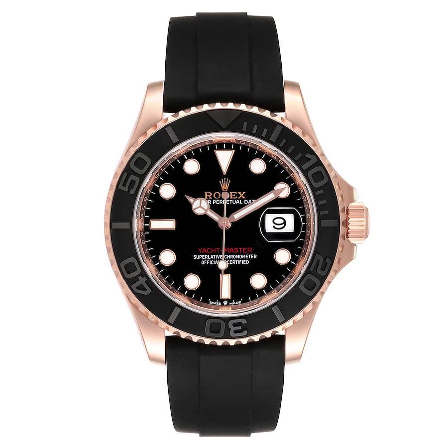 Rolex Yachtmaster 40mm Everose Gold Rubber Strap Watch 126655 Unworn. Officially certified chronometer self-winding movement. 18K Everose gold case 40.0 mm in diameter. Screwed-down case back and crown, Triplock winding-crown protected by the Crown