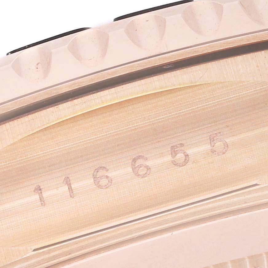 Rolex Yachtmaster 40mm Rose Gold Oysterflex Bracelet Mens Watch 116655 Box Card. Mouvement à remontage automatique certifié chronomètre. Boîtier en or Everose 18 carats de 40,0 mm de diamètre. Fond et couronne vissés, couronne Triplock protégée par