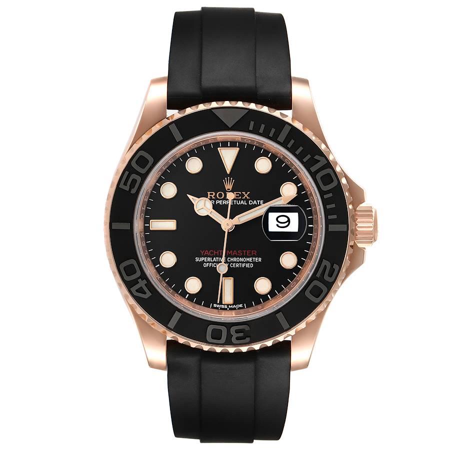 Rolex Yachtmaster 40mm Rose Gold Oysterflex-Armband Herrenuhr 116655. Offiziell zertifiziertes Chronometer-Automatikwerk mit automatischem Aufzug. Gehäuse aus 18 Karat Everosegold mit einem Durchmesser von 40,0 mm. Verschraubter Gehäuseboden und