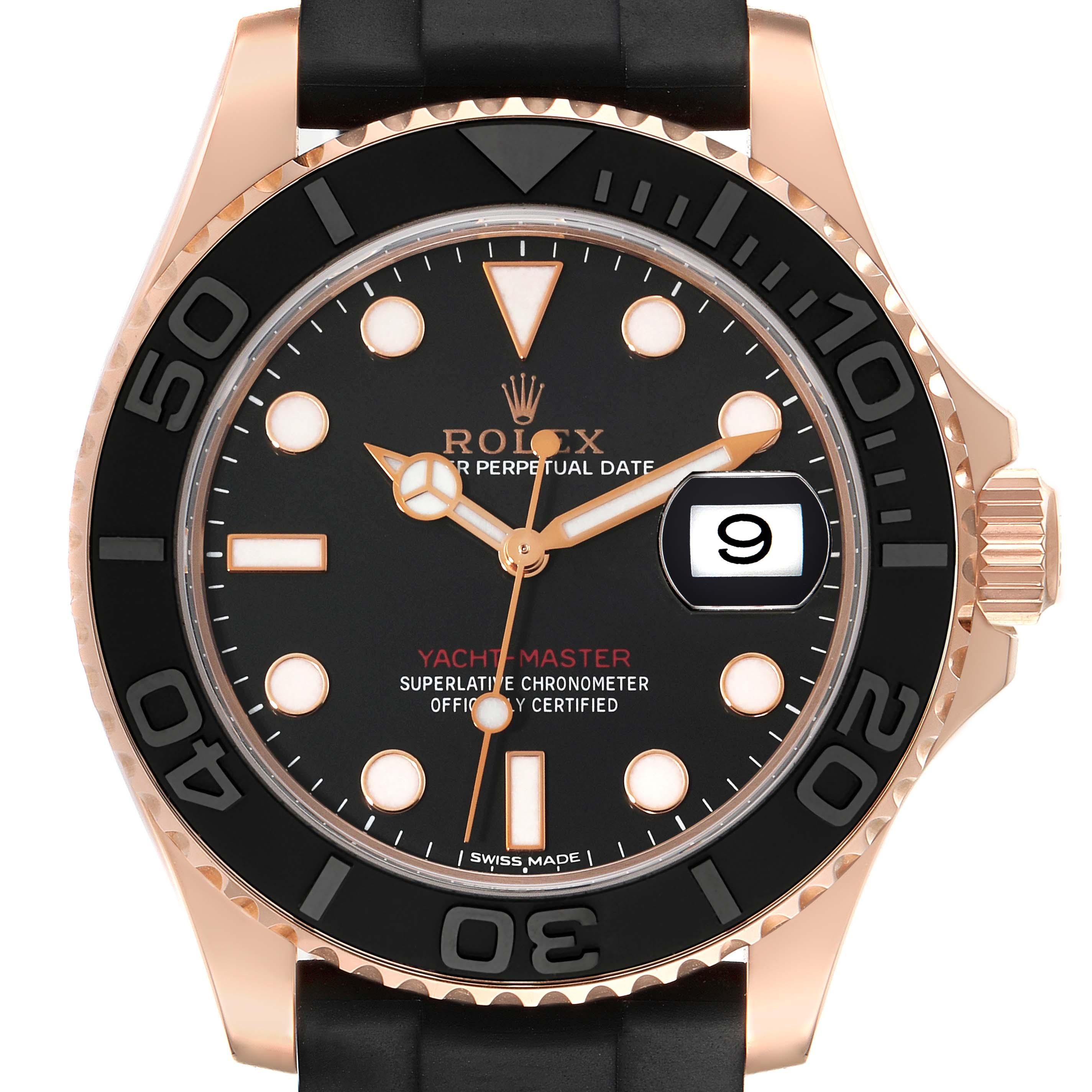Rolex Yachtmaster 40mm Rose Gold Oysterflex Bracelet Mens Watch 116655. Officially certified chronometer automatic self-winding movement. 18k Everose gold case 40.0 mm in diameter. Screwed-down case back and crown, Triplock crown protected by crown