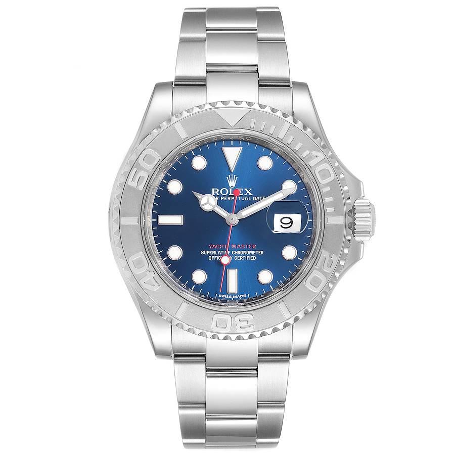 Rolex Yachtmaster 40mm Steel Platinum Blue Dial Mens Watch 116622 Box Card. Officially certified chronometer self-winding movement. Stainless steel case 40.0 mm in diameter. Rolex logo on a crown. Platinum special time-lapse unidirectional rotating